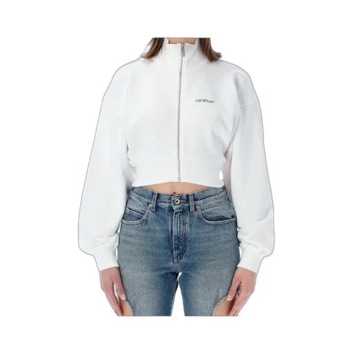 Off-White Zip-Up High Neck Cropped Sweatshirt