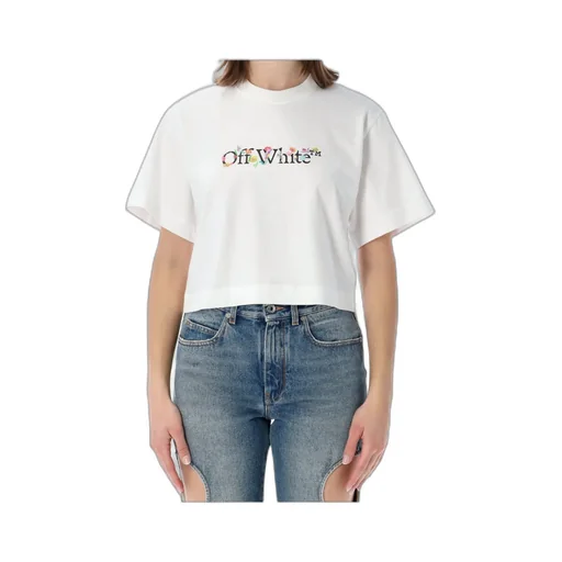 Off-White Flower Printed Cropped T Shirt
