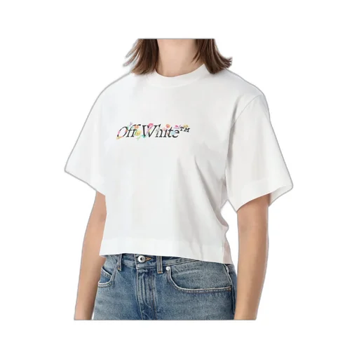 Off-White Flower Printed Cropped T Shirt