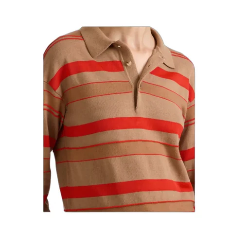 Knitted Striped Rugby Polo Top In Biscuit