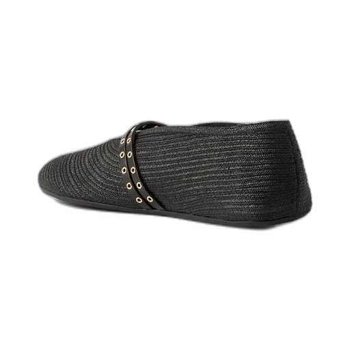 Leather-Trimmed Raffia Ballet Flats