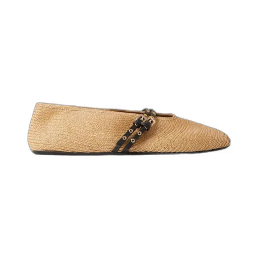 Leather-Trimmed Raffia Ballet Flats