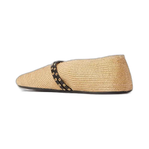 Leather-Trimmed Raffia Ballet Flats