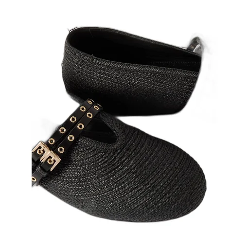 Leather-Trimmed Raffia Ballet Flats