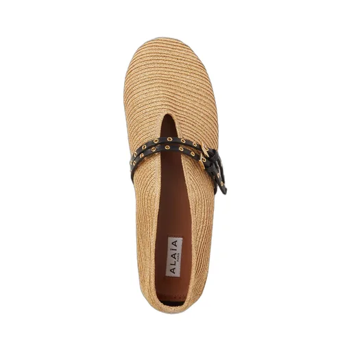 Leather-Trimmed Raffia Ballet Flats