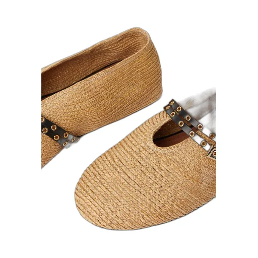 Leather-Trimmed Raffia Ballet Flats