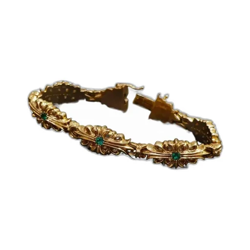 22K Gold Bracelet With Green Diamonds And Cross-Shaped Carvings.