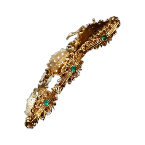 22K Gold Bracelet With Green Diamonds And Cross-Shaped Carvings.
