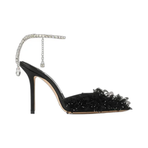 Black Mesh Pumps With Petal Embroidery And Crystal Chain