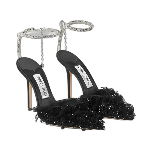 Black Mesh Pumps With Petal Embroidery And Crystal Chain