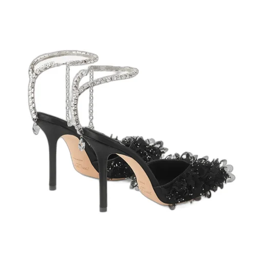 Black Mesh Pumps With Petal Embroidery And Crystal Chain