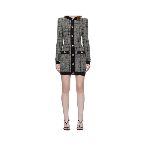 Balmain Tweed Long-Sleeve Dress