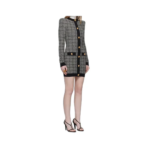 Balmain Tweed Long-Sleeve Dress