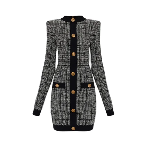 Balmain Tweed Long-Sleeve Dress