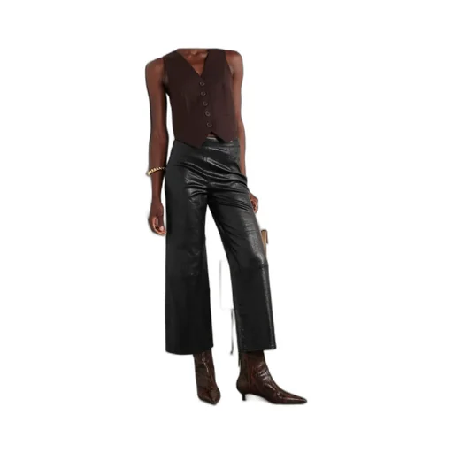 Ruffled High-Waisted Wide-Leg Nine-Inch Leather Pants
