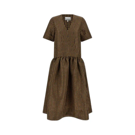 Ganni Crinkled Check Long Dress
