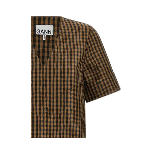 Ganni Crinkled Check Long Dress