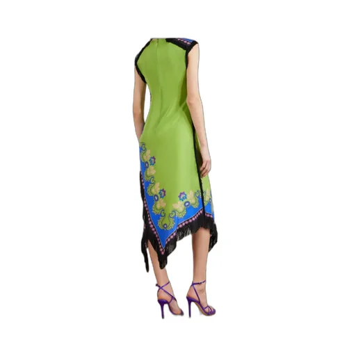 Fringed Asymmetric Printed Silk Midi Dress