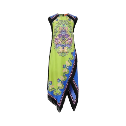 Fringed Asymmetric Printed Silk Midi Dress