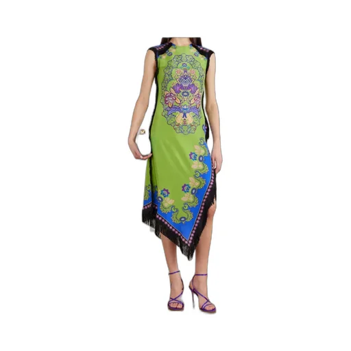 Fringed Asymmetric Printed Silk Midi Dress