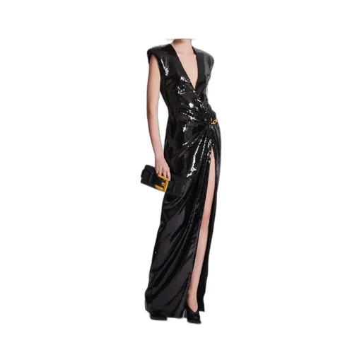 Balmain Embellished Detail Long Draped Sequin Dress