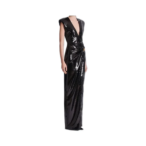 Balmain Embellished Detail Long Draped Sequin Dress