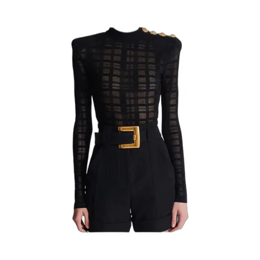 Balmain Plaid Knit 3-Button Bodysuit