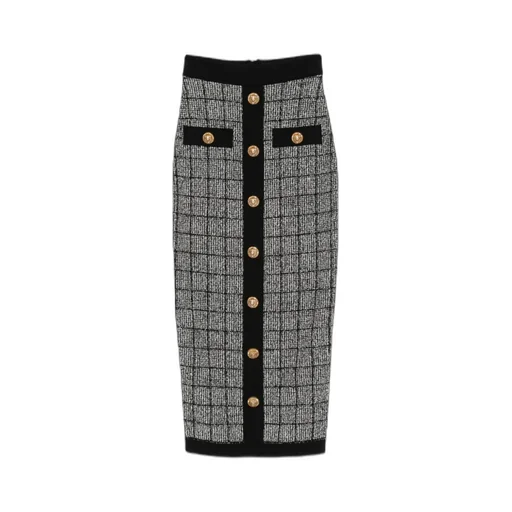 Button Check Midi Skirt