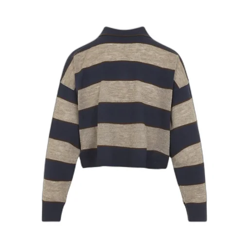 Brunello Cucinelli Shimmering Striped Cropped Knit Polo Shirt