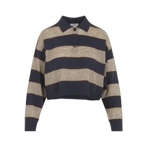 Brunello Cucinelli Shimmering Striped Cropped Knit Polo Shirt