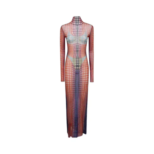 Turtleneck Polka-Dot Maxi Dress