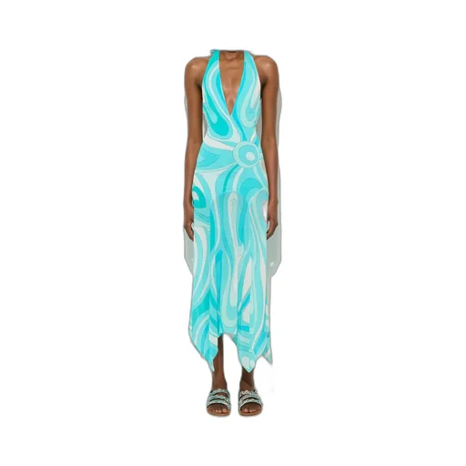 Marmo-Print V-Neck Asymmetric Dress