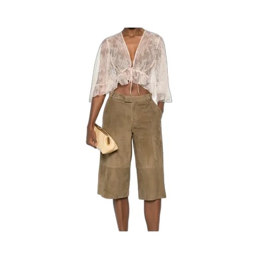 Lace Cropped Top Sheer Flared Sleeves Drawstring
