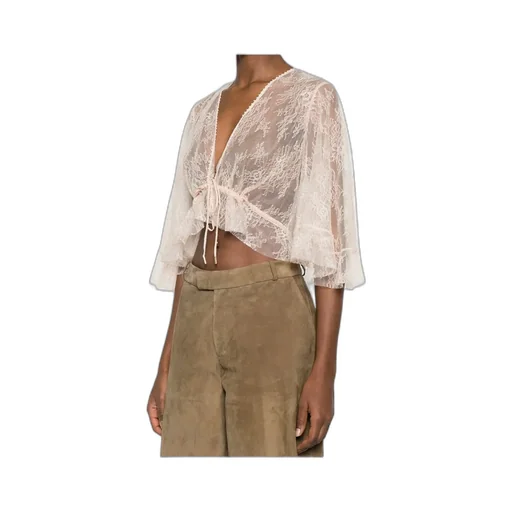 Lace Cropped Top Sheer Flared Sleeves Drawstring
