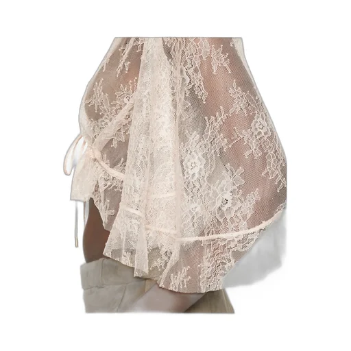 Lace Cropped Top Sheer Flared Sleeves Drawstring