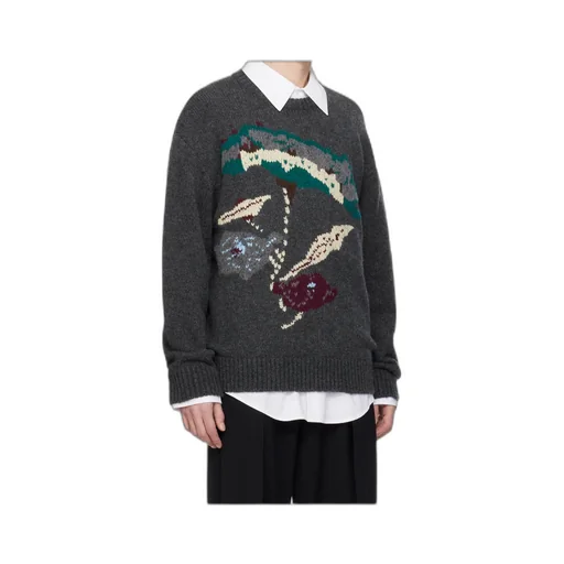 Gray Flower Jacquard Wool Sweater