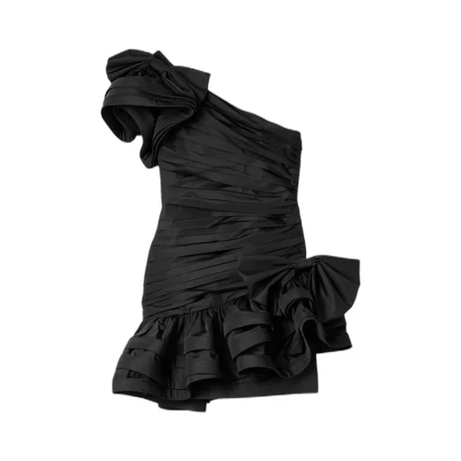 One-Shoulder Bow-Embellished Ruched Taffeta Mini Dress