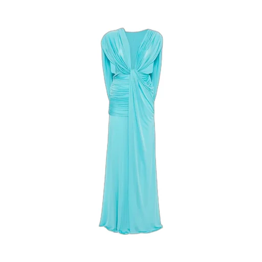 Bright Blue Ruched Deep V-Neck Maxi Dress