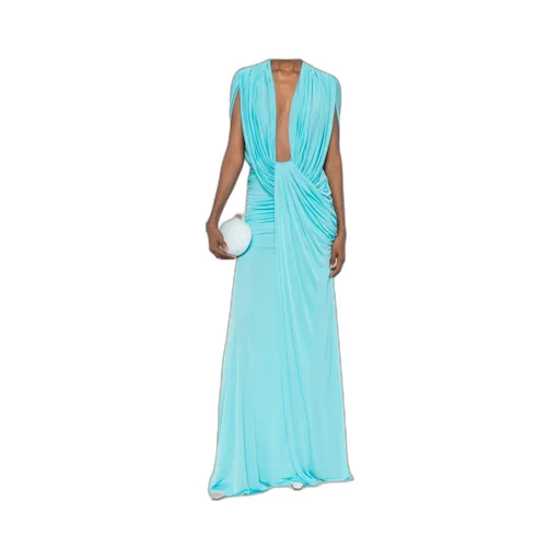 Bright Blue Ruched Deep V-Neck Maxi Dress
