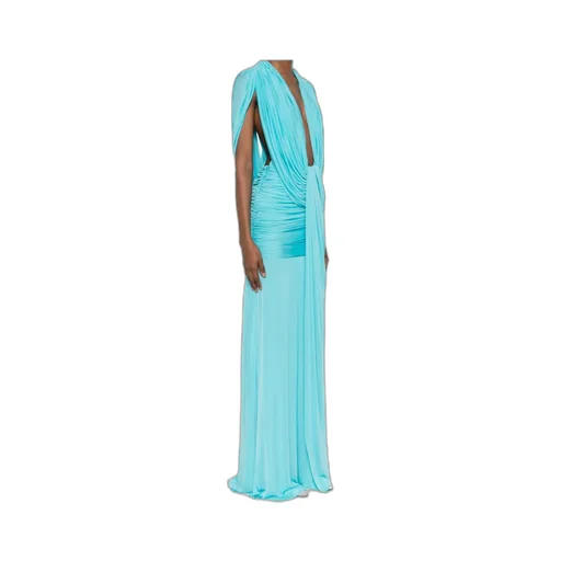 Bright Blue Ruched Deep V-Neck Maxi Dress