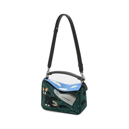Petit Sac Puzzle Futurist Cat En Maille BrodÉE Et Cuir De Veau