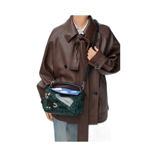 Petit Sac Puzzle Futurist Cat En Maille BrodÉE Et Cuir De Veau
