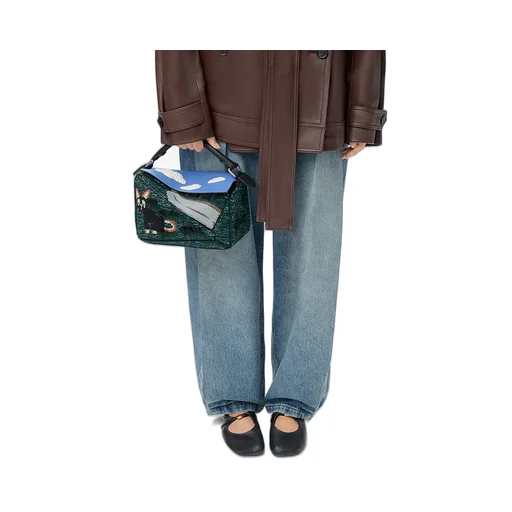 Petit Sac Puzzle Futurist Cat En Maille BrodÉE Et Cuir De Veau