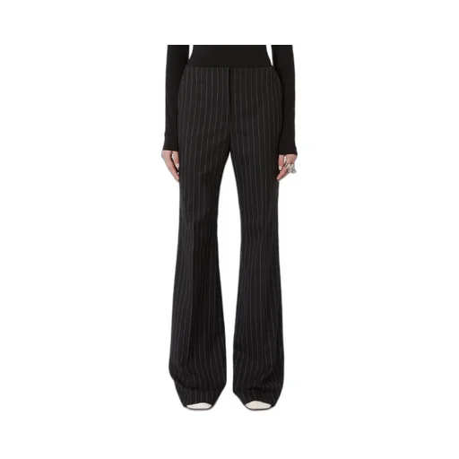 Flared Pinstripe Wool Trousers - Black