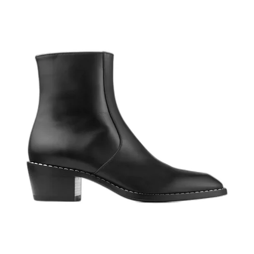 Black Calf Leather Ankle Boots With Metal Detail