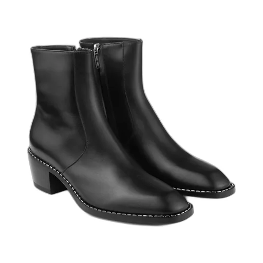 Black Calf Leather Ankle Boots With Metal Detail