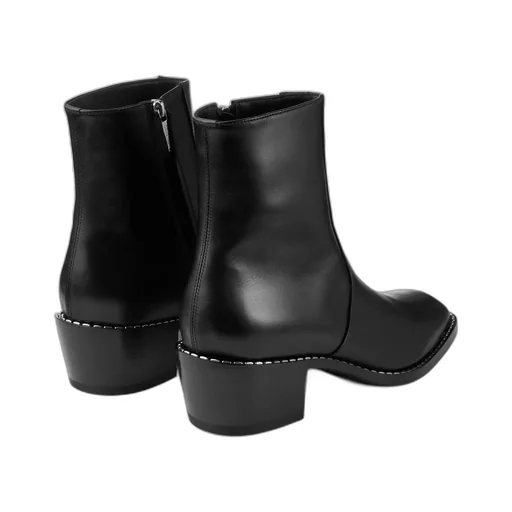 Black Calf Leather Ankle Boots With Metal Detail