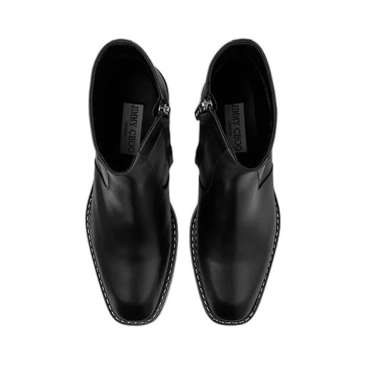 Black Calf Leather Ankle Boots With Metal Detail