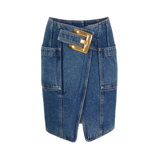 Balmain Belted Short Denim Skirt