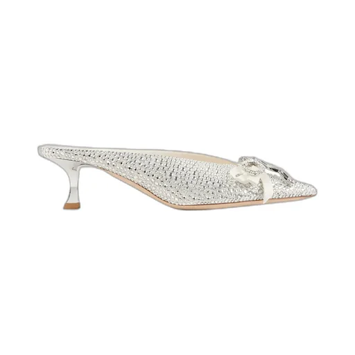 Ivory Satin And Princess Crystal Hotfix Mules With Bow Embellishment